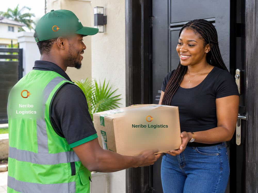 A Nigerian delivery worker handing a package to a customer